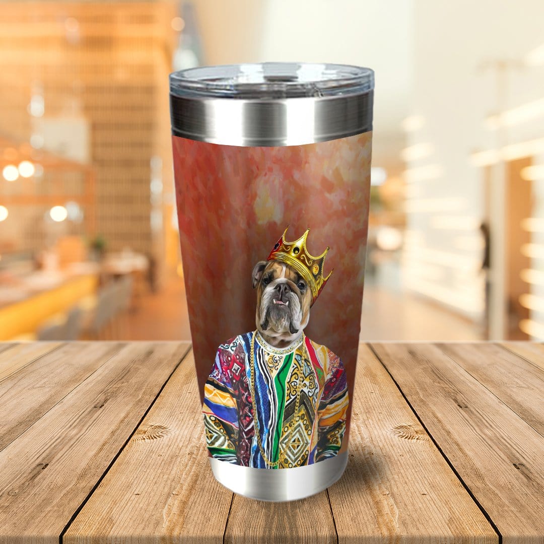 Personalized Notorious D.O.G. stainless steel tumbler with a bulldog in a crown and colorful sweater.