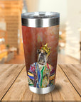 Personalized Notorious D.O.G. stainless steel tumbler with a bulldog in a crown and colorful sweater.