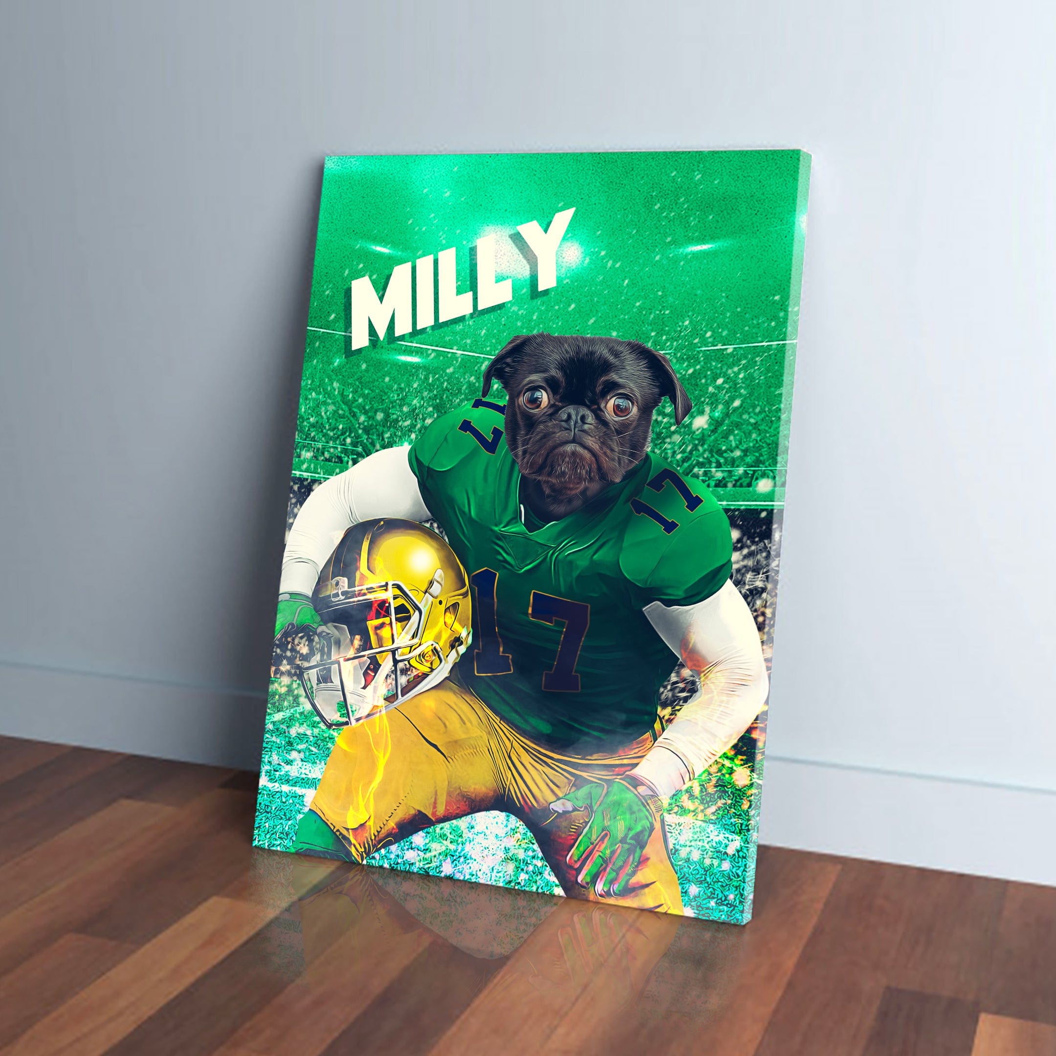 Personalized pet canvas featuring a pug in a green football uniform with a gold helmet and "MILLY" text.