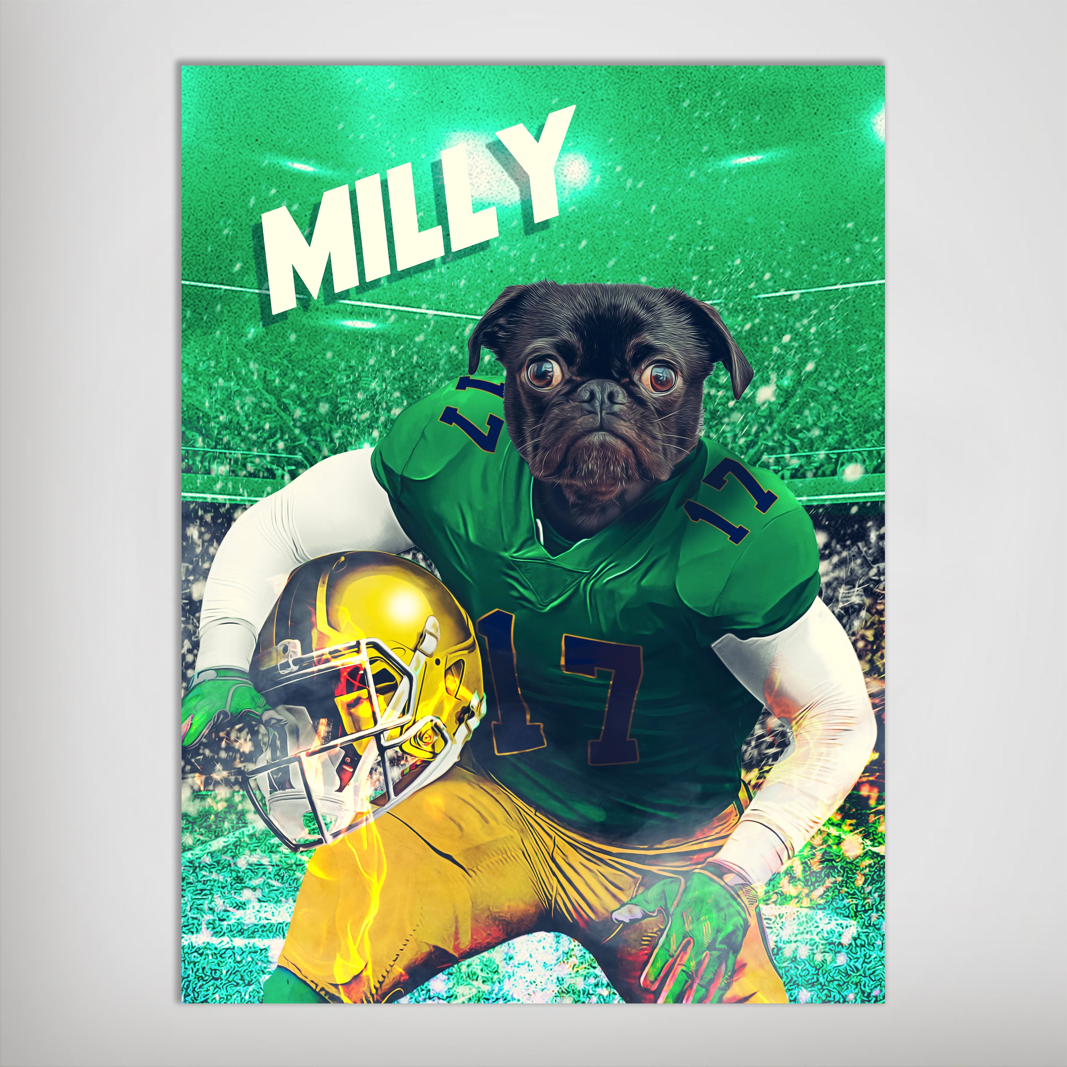 Personalized 'Notre Dame Doggos' poster featuring a black pug in a green football uniform with a gold helmet.