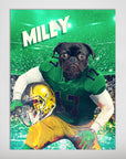 Personalized 'Notre Dame Doggos' poster featuring a black pug in a green football uniform with a gold helmet.