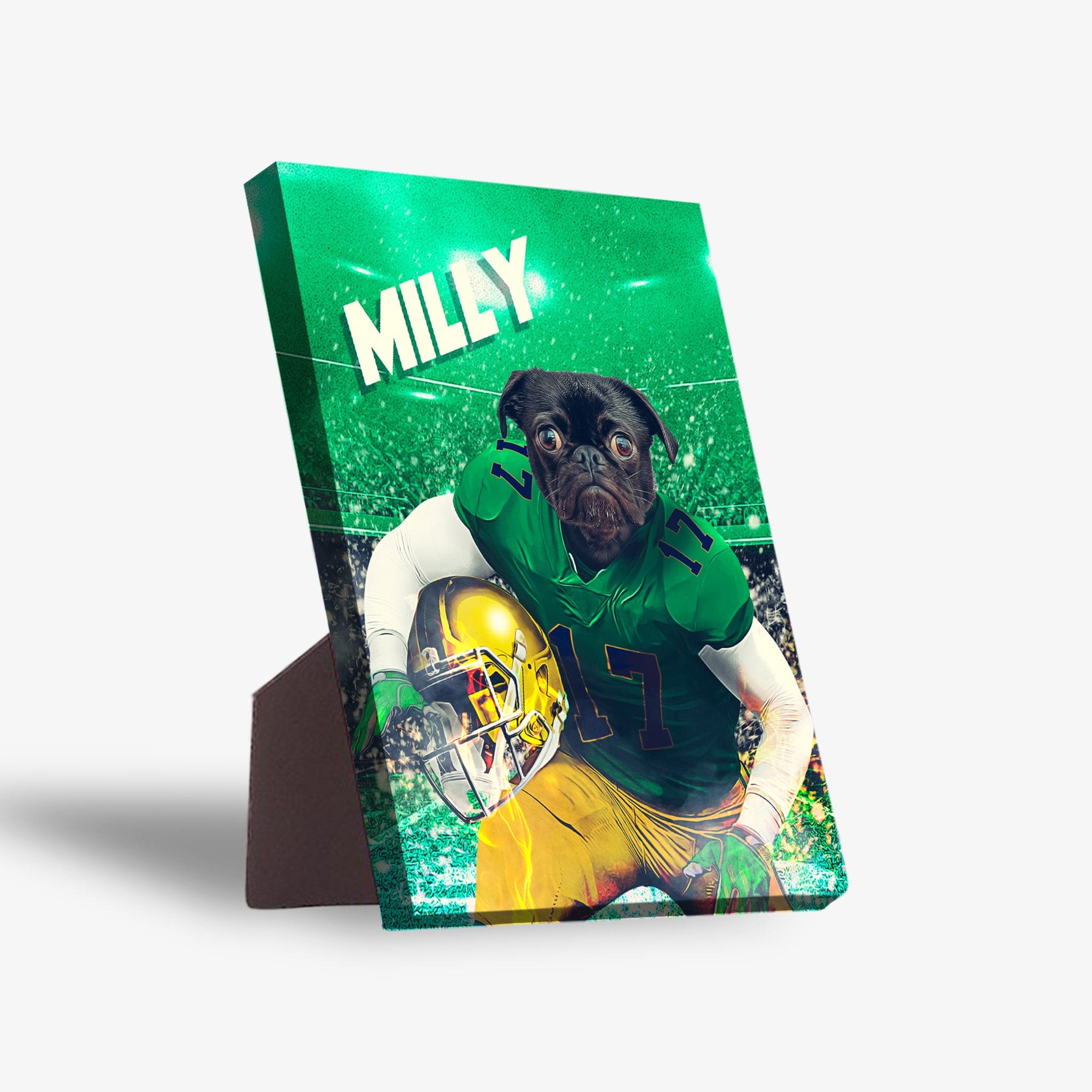 Personalized Notre Dame Doggos standing canvas featuring a pug in a green football uniform.