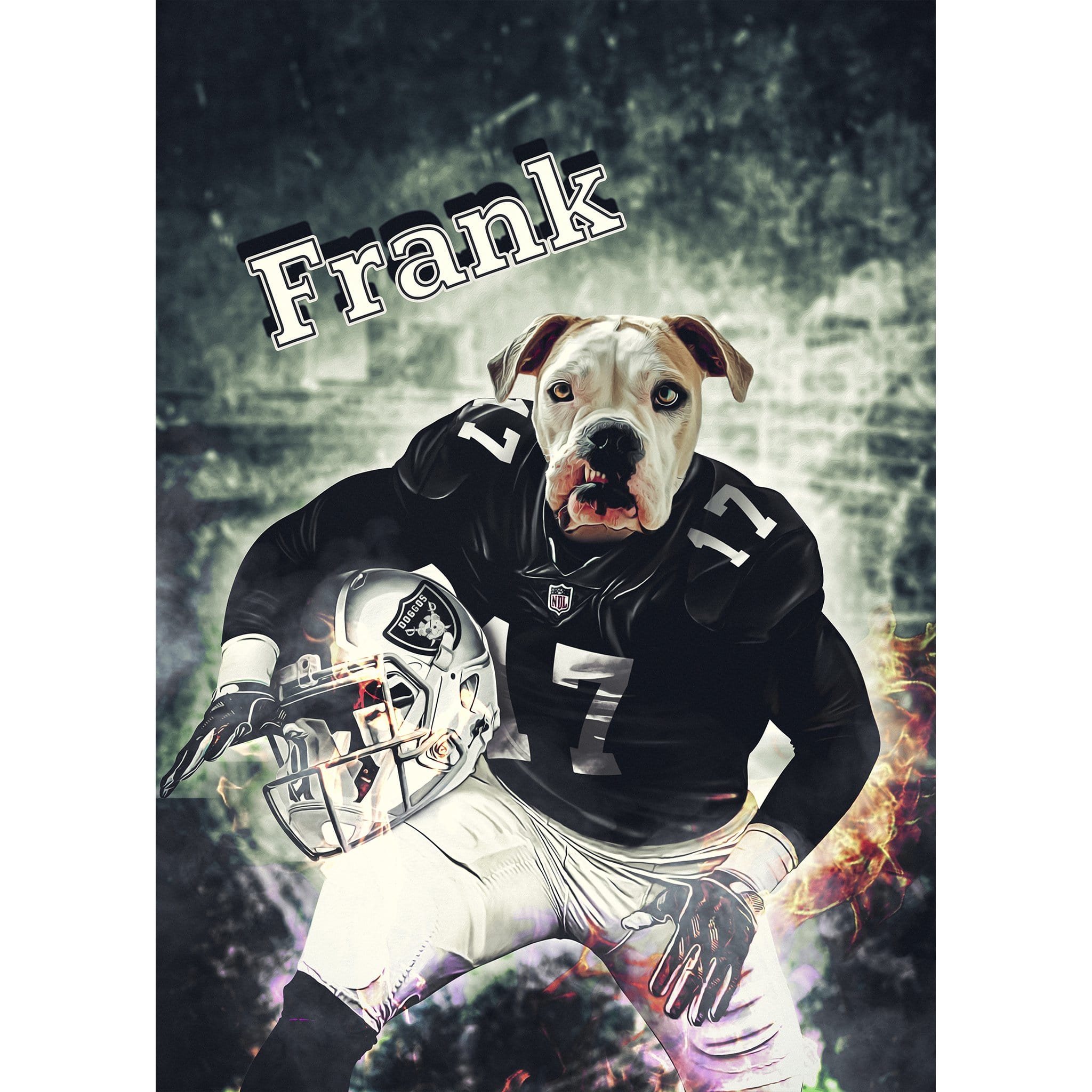 Personalized digital portrait of a bulldog in a black football uniform with "Frank" above.