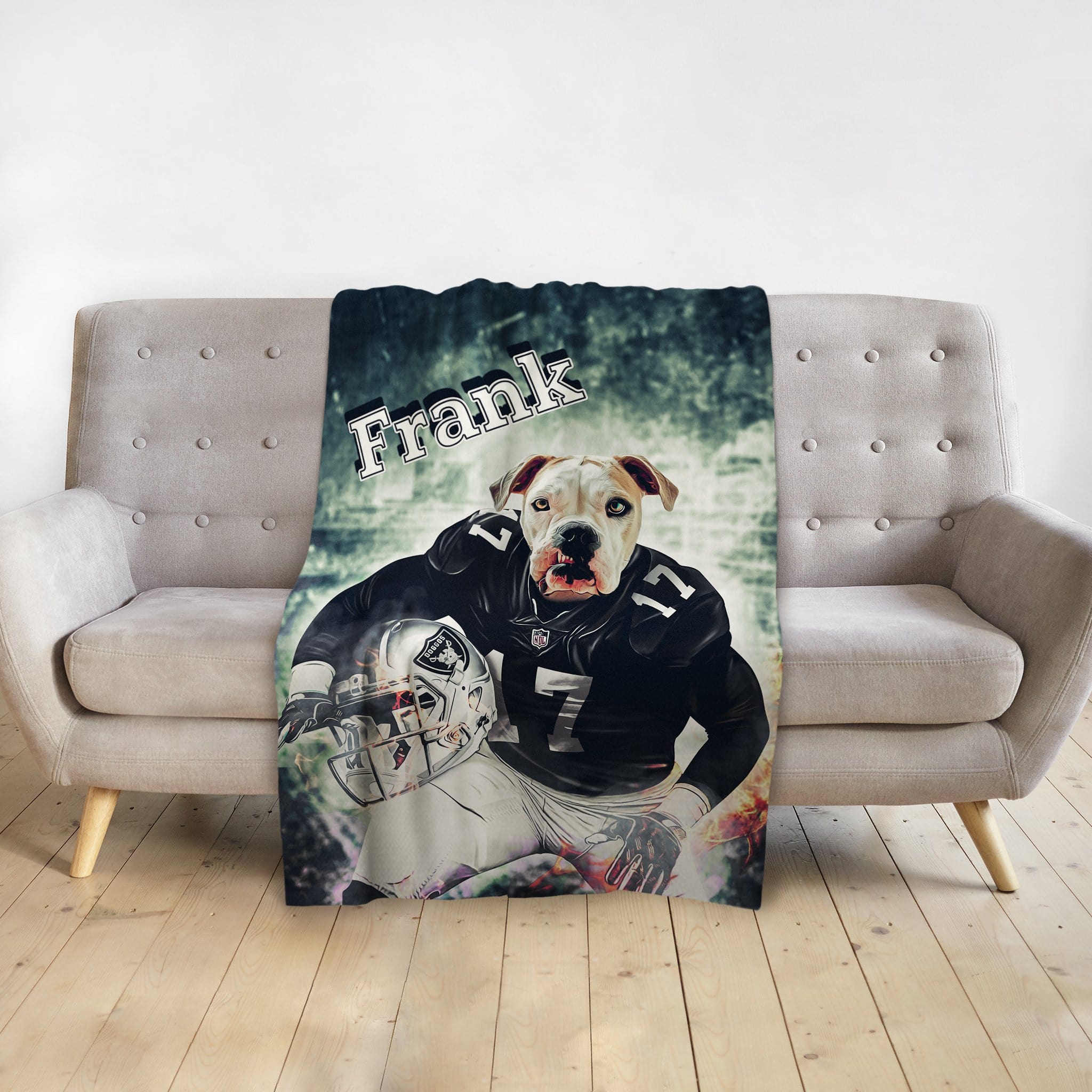Personalized pet blanket with a bulldog's head on a football player's body, named "Frank.