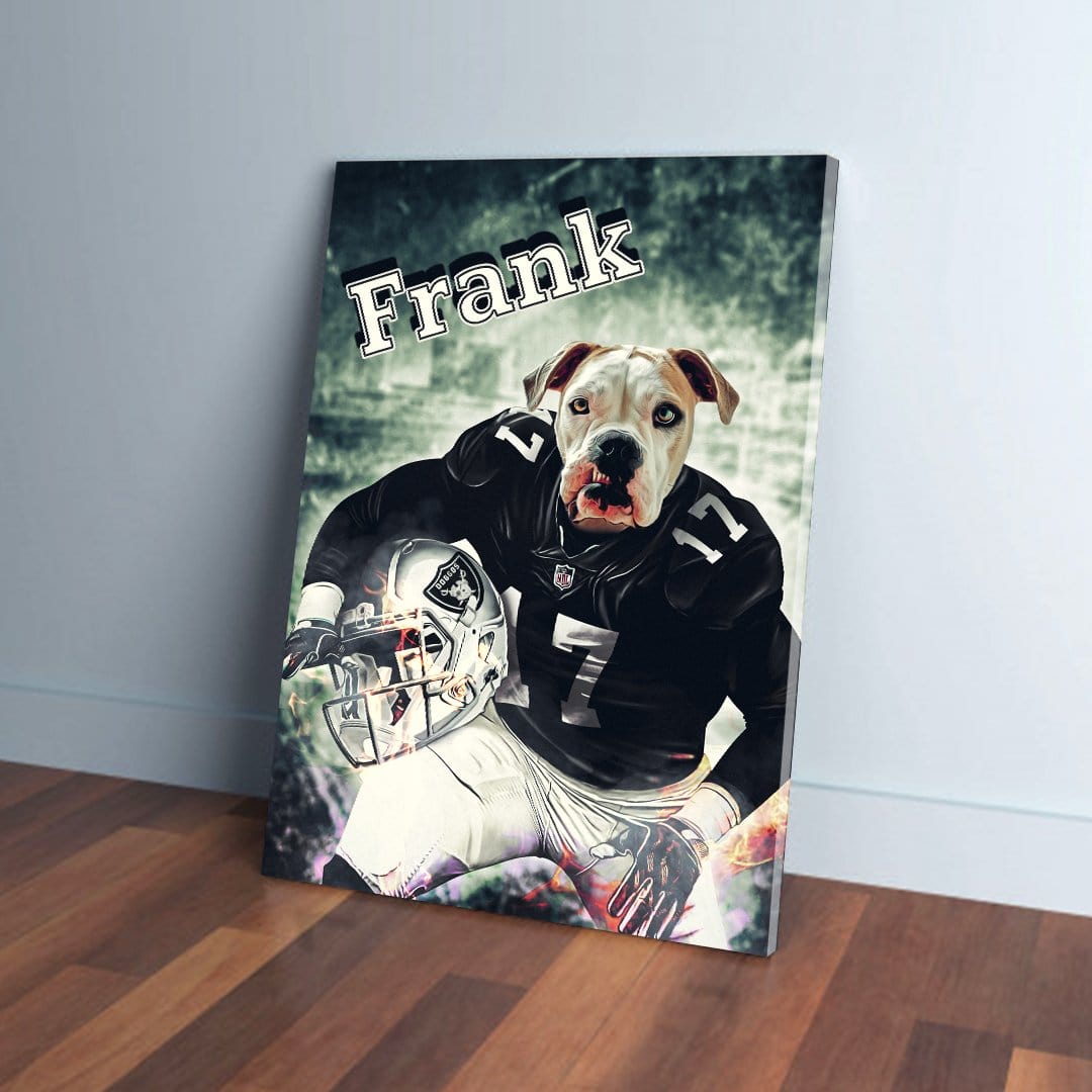 Personalized pet canvas featuring a dog's head on a football player's body, wearing a black Raiders uniform.