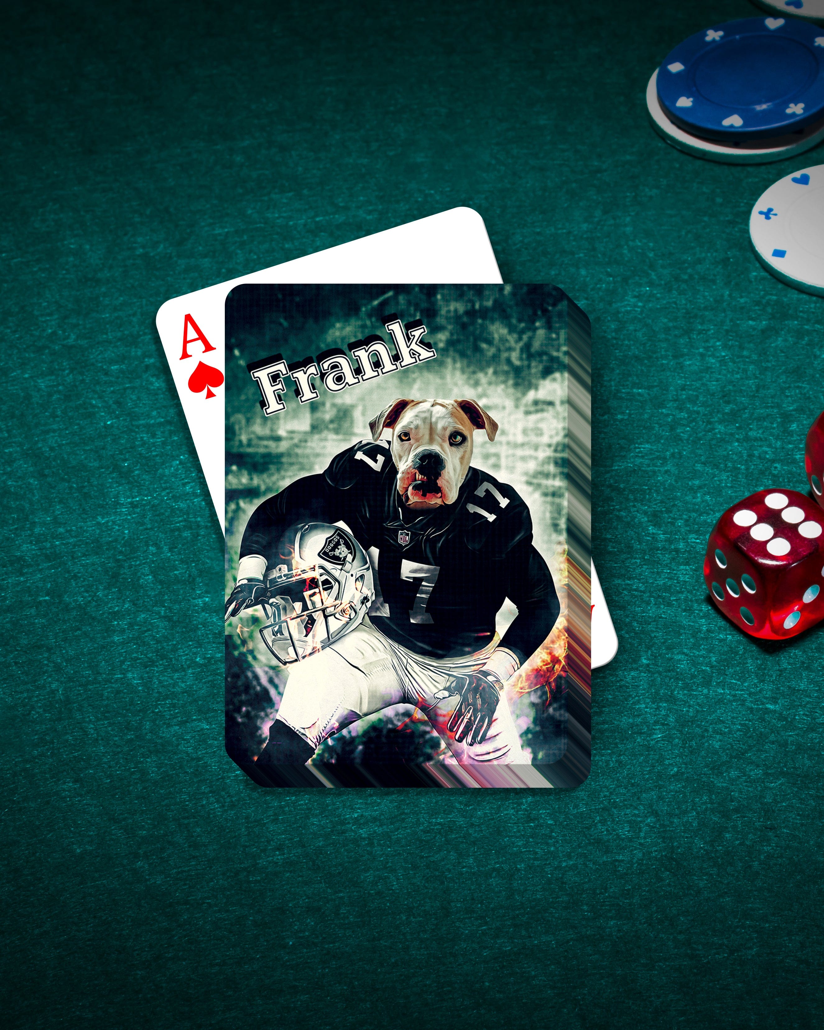 Personalized playing card featuring a dog in an Oakland Raiders football uniform, "Frank" on card.
