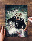 Personalized pet puzzle featuring a dog's head on a football player's body in a black uniform.