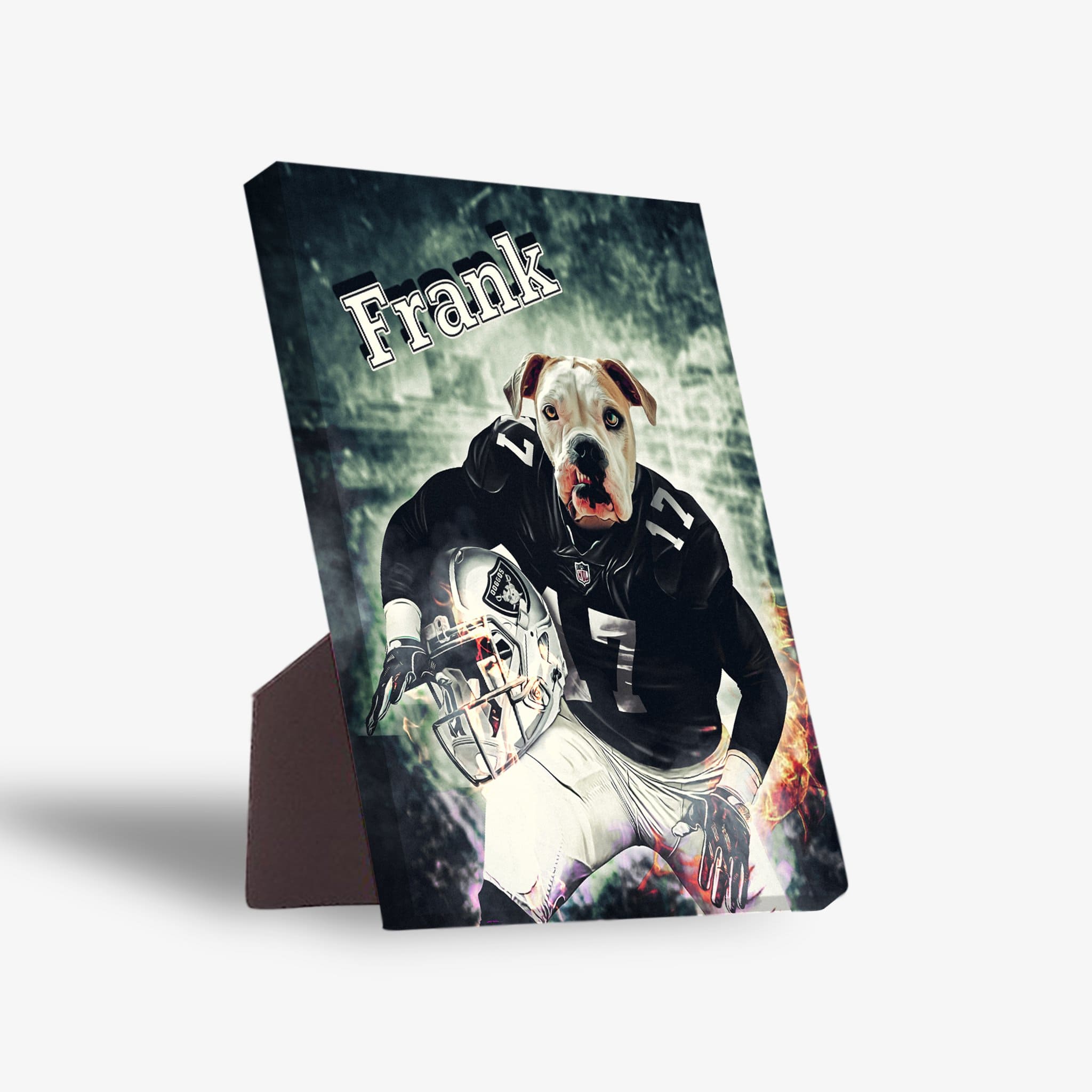 Personalized pet standing canvas featuring a dog in a black football uniform with "Frank" at the top.