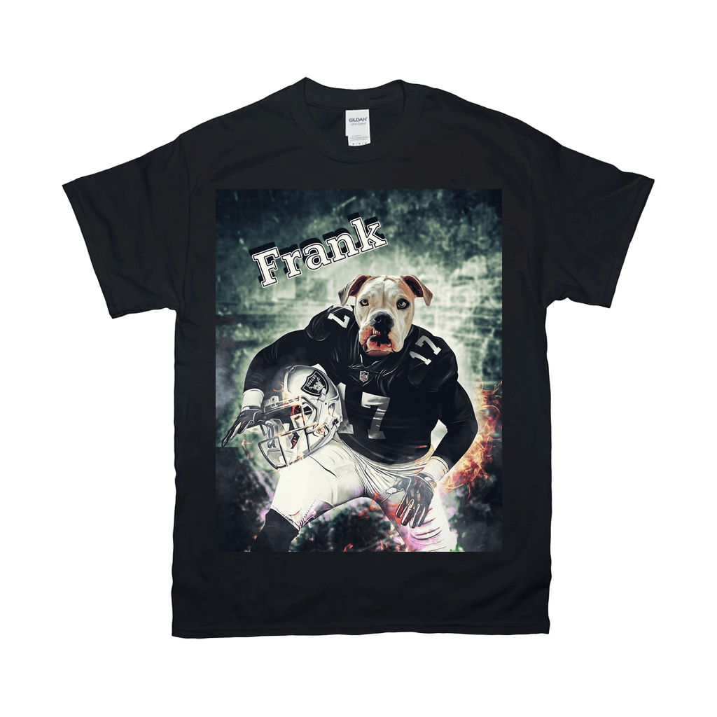 Black Gildan t-shirt featuring a personalized graphic of a pit bull in a football uniform with "Frank" above.