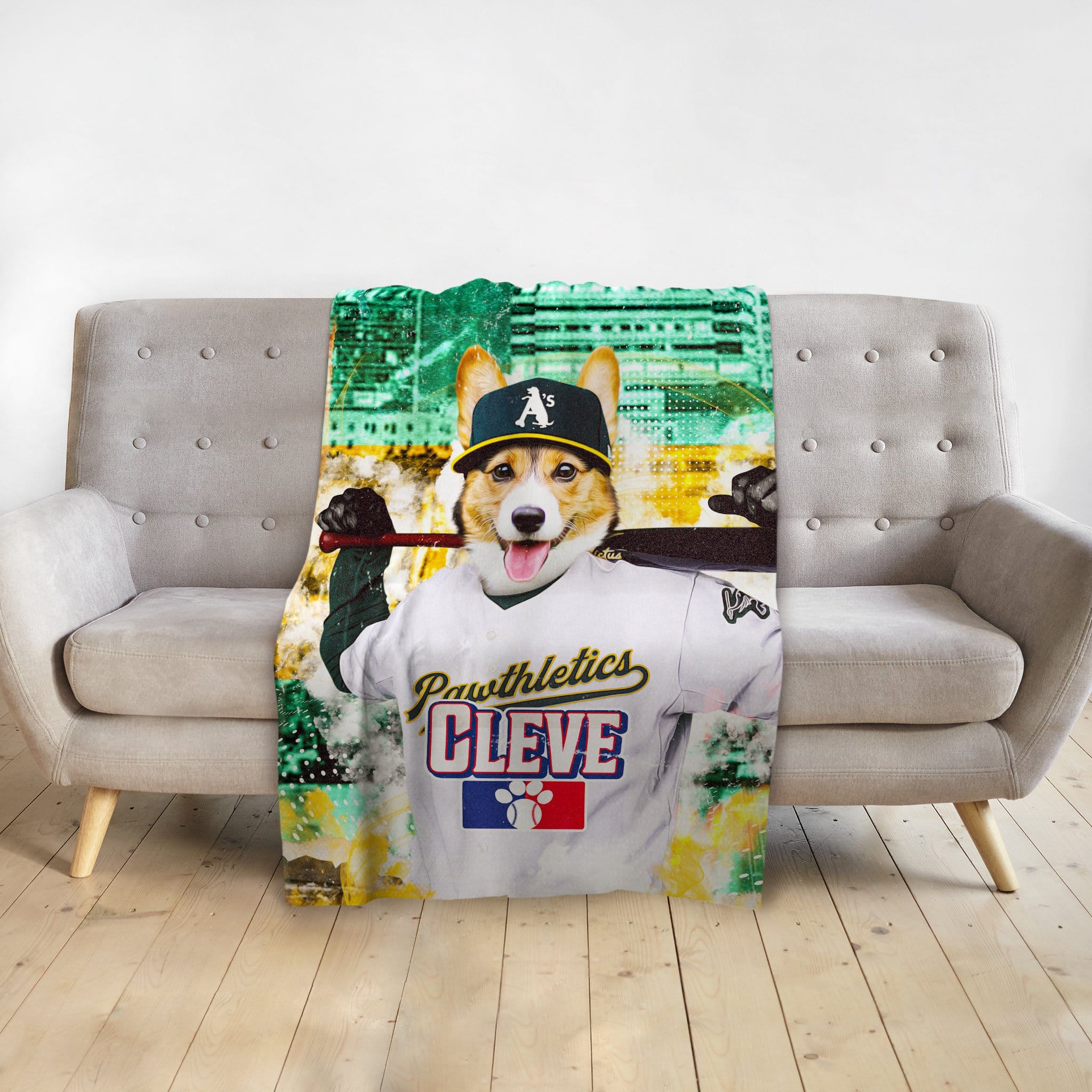 Personalized pet blanket with a corgi in a baseball uniform, "Pawthletics Cleve" design.