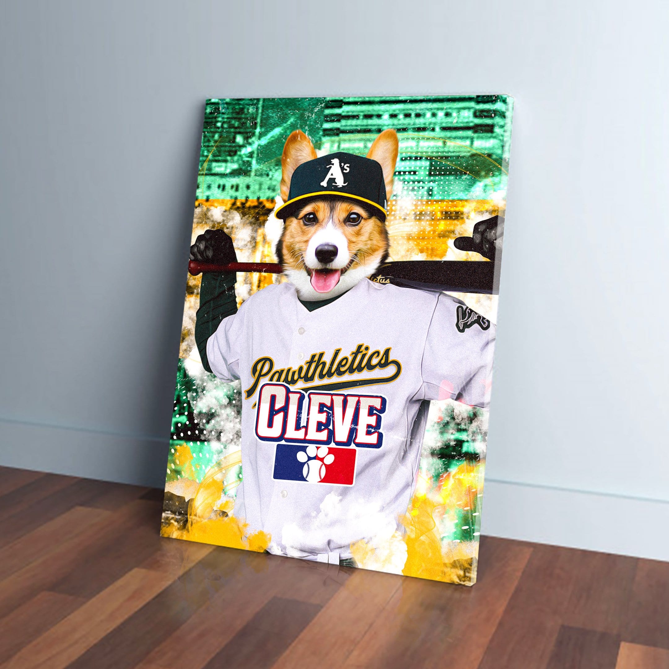Personalized pet canvas featuring a corgi in an Oakland Pawthletics baseball uniform and cap.