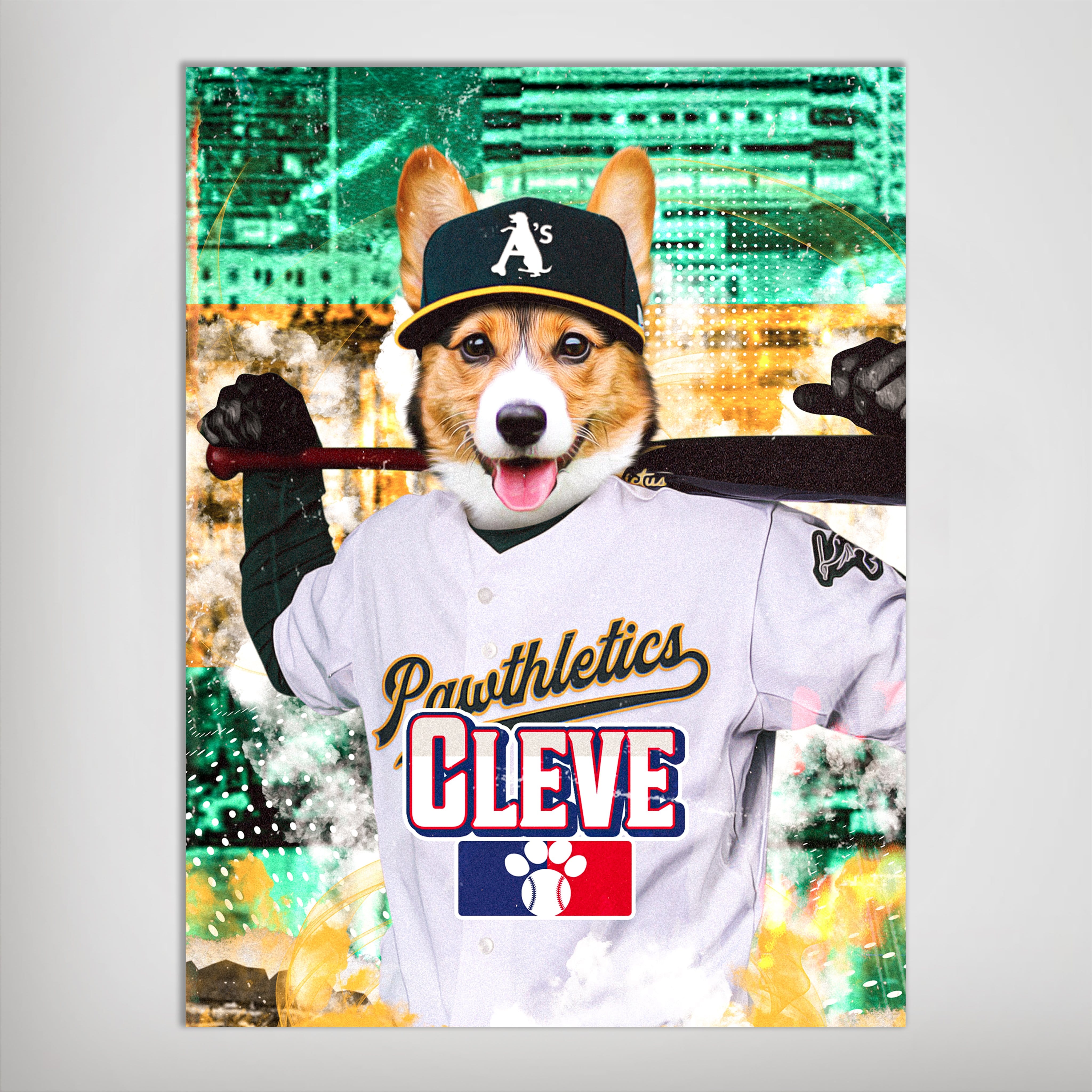 Personalized 'Oakland Pawthletics' poster featuring a corgi in a baseball uniform and cap.