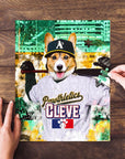 Personalized pet puzzle featuring a corgi in an Oakland Pawthletics baseball uniform.