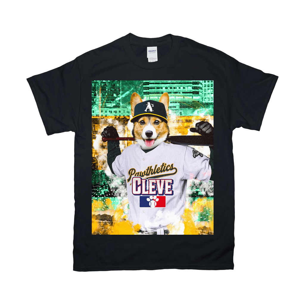 Black Gildan t-shirt with a personalized Corgi baseball player graphic, wearing a white "Pawthletics Cleve" jersey.