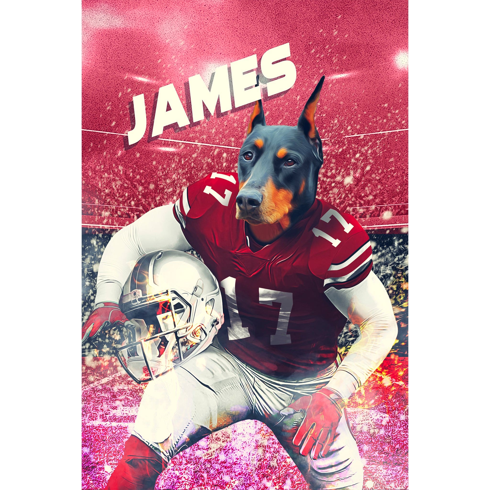 Custom digital portrait of a Doberman dog in an Ohio State football uniform with "JAMES" above.