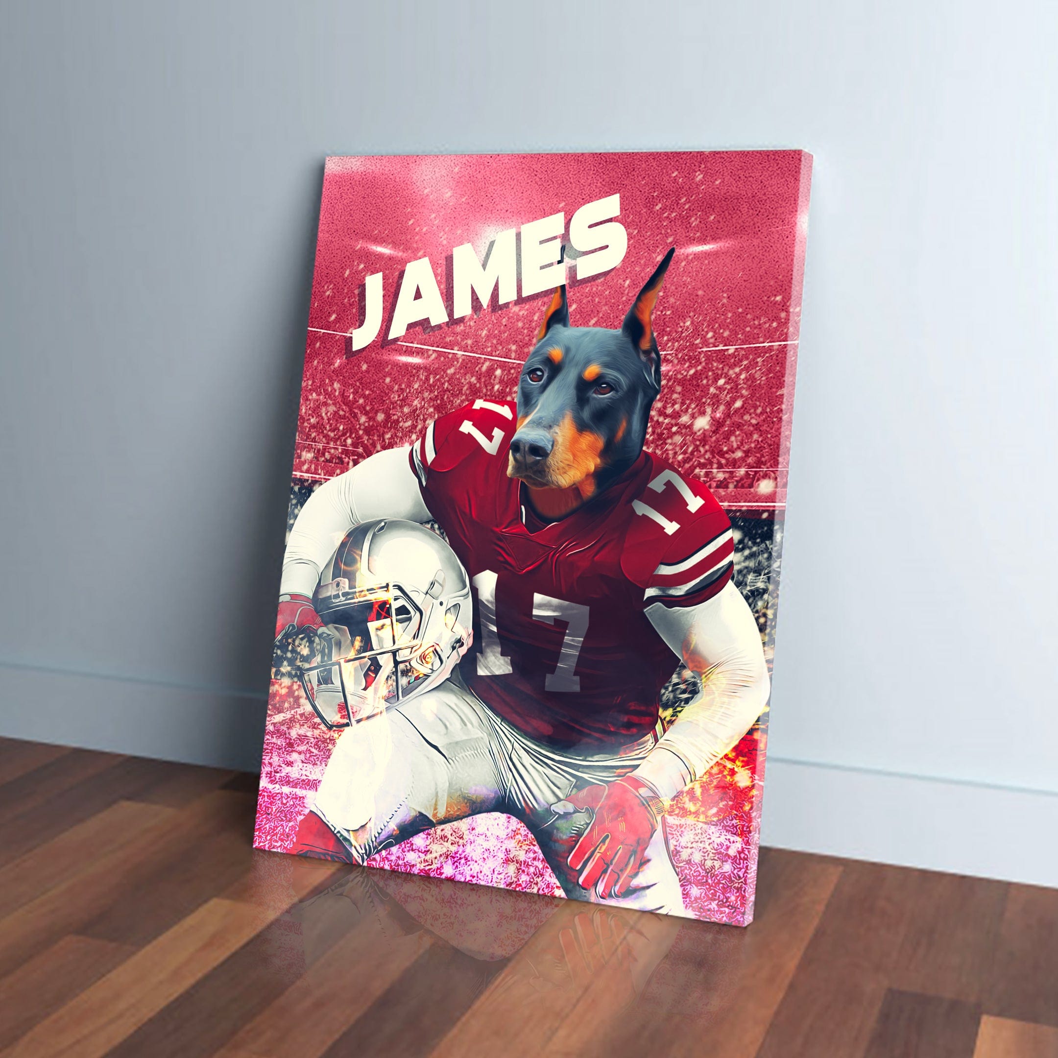 Personalized Ohio State Doggos canvas featuring a Doberman in a red football uniform with "JAMES" above.