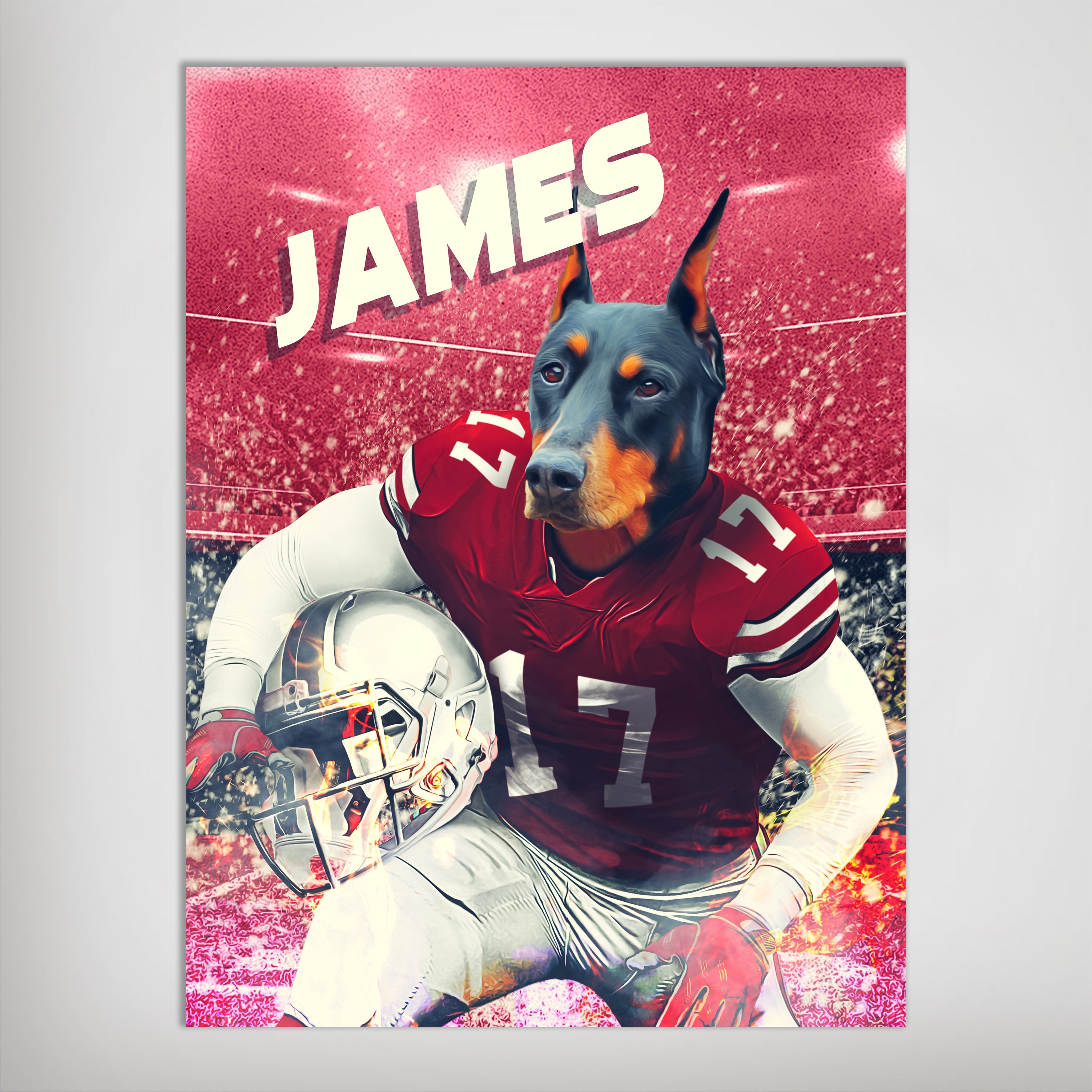 Personalized Ohio State Doggos poster featuring a Doberman in a red football jersey with name "JAMES.