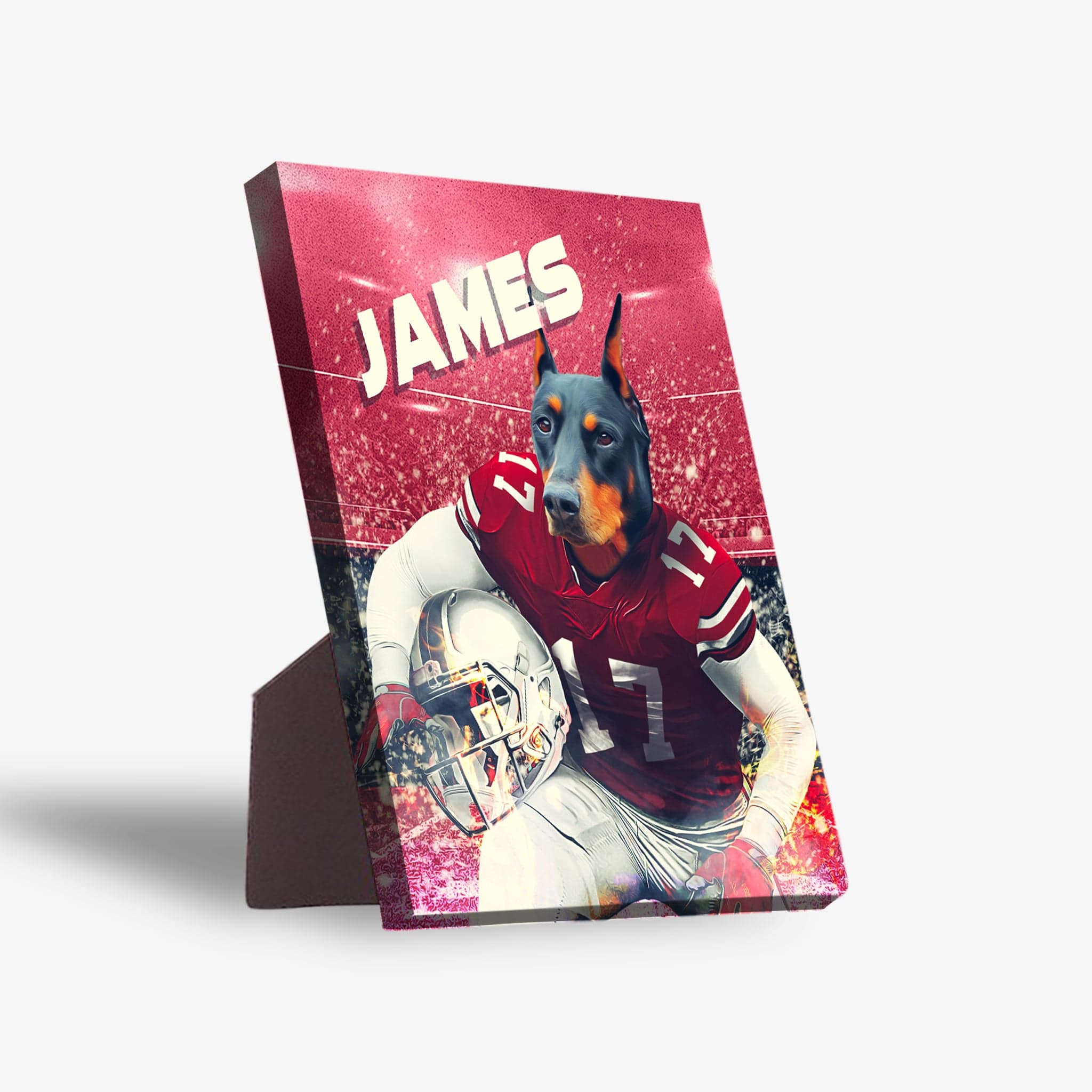 Personalized pet standing canvas featuring a Doberman in a red Ohio State football uniform with "JAMES" above.