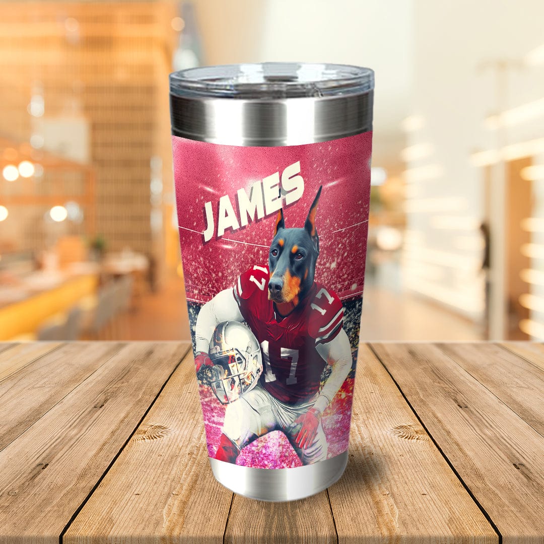 Personalized stainless steel tumbler with a Doberman dog in an Ohio State football uniform.