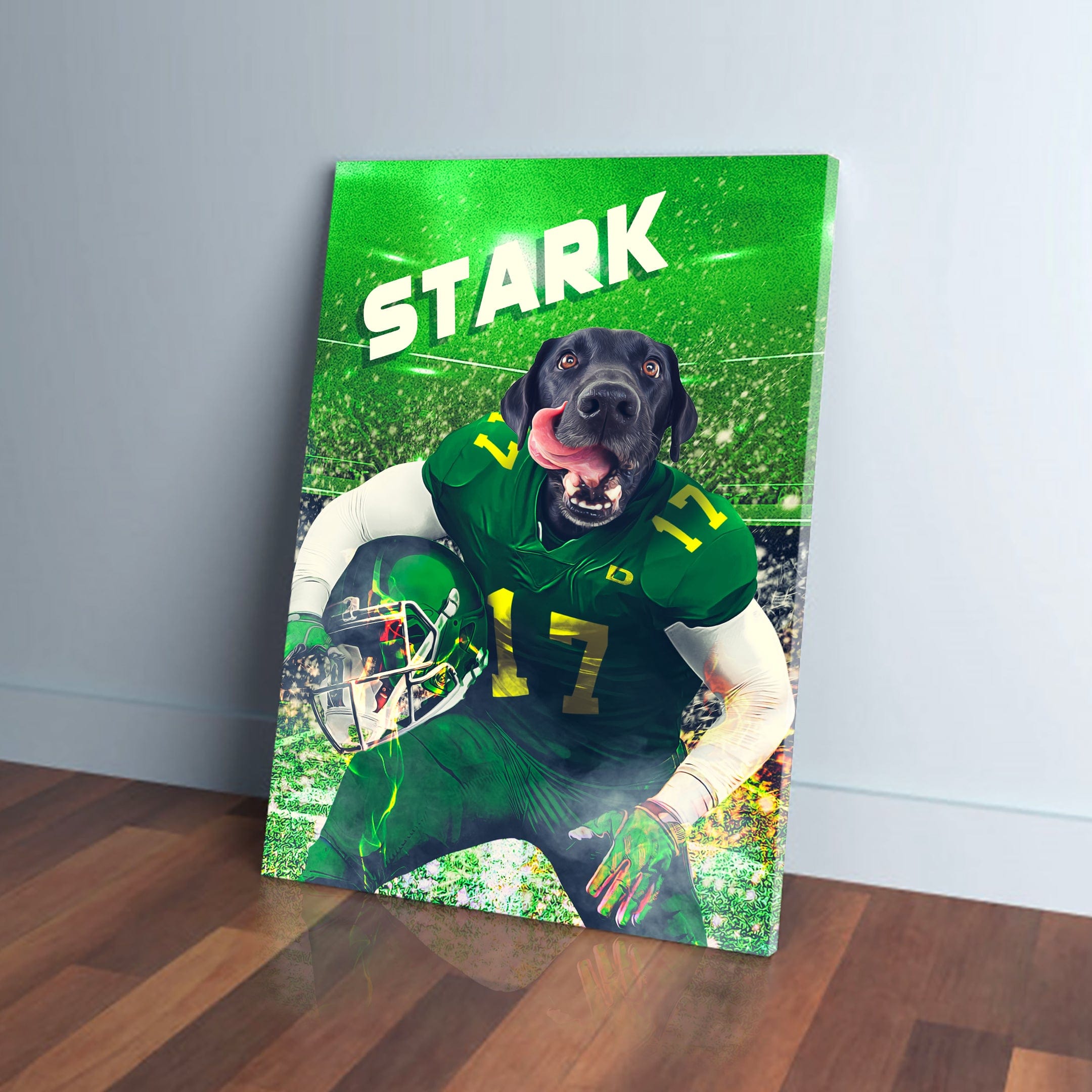 Personalized pet canvas featuring a black dog in a green football uniform with "STARK" and "17.