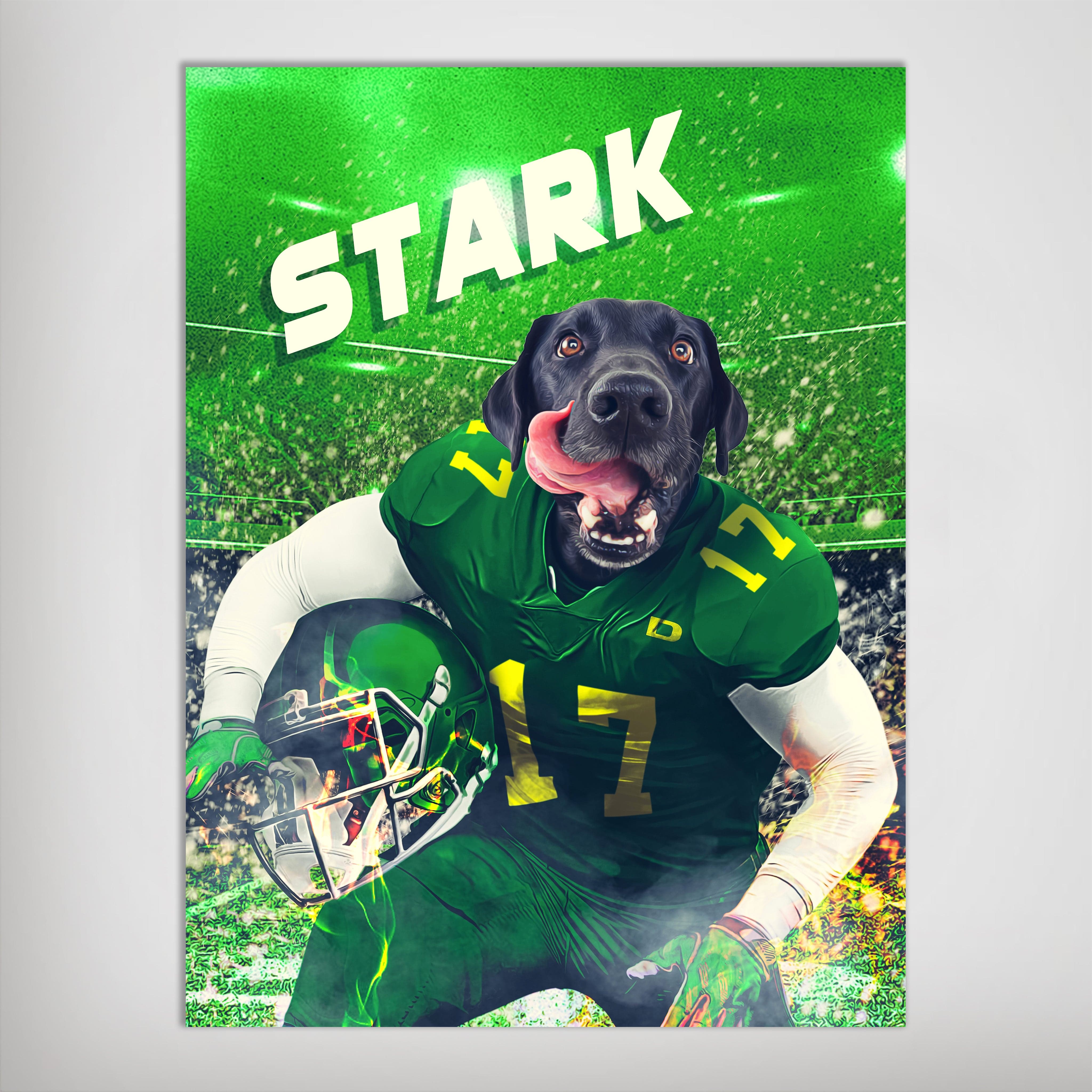 Personalized "Oregon Doggos" pet poster featuring a black dog in a green football uniform with "STARK" above.