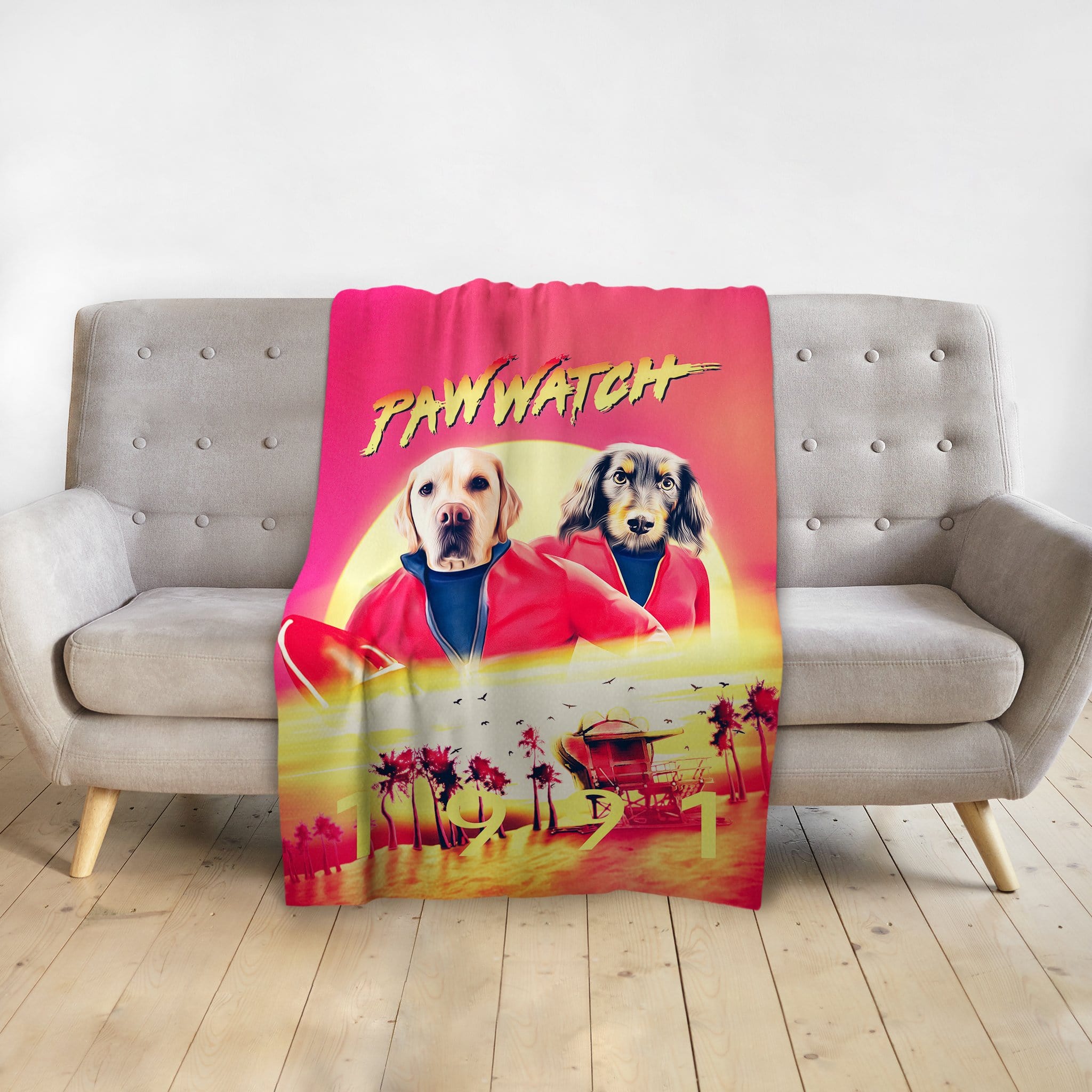 Personalized Paw Watch 1991 pet blanket with two dogs in red jackets on a beach sunset scene.