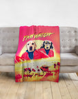 Personalized Paw Watch 1991 pet blanket with two dogs in red jackets on a beach sunset scene.