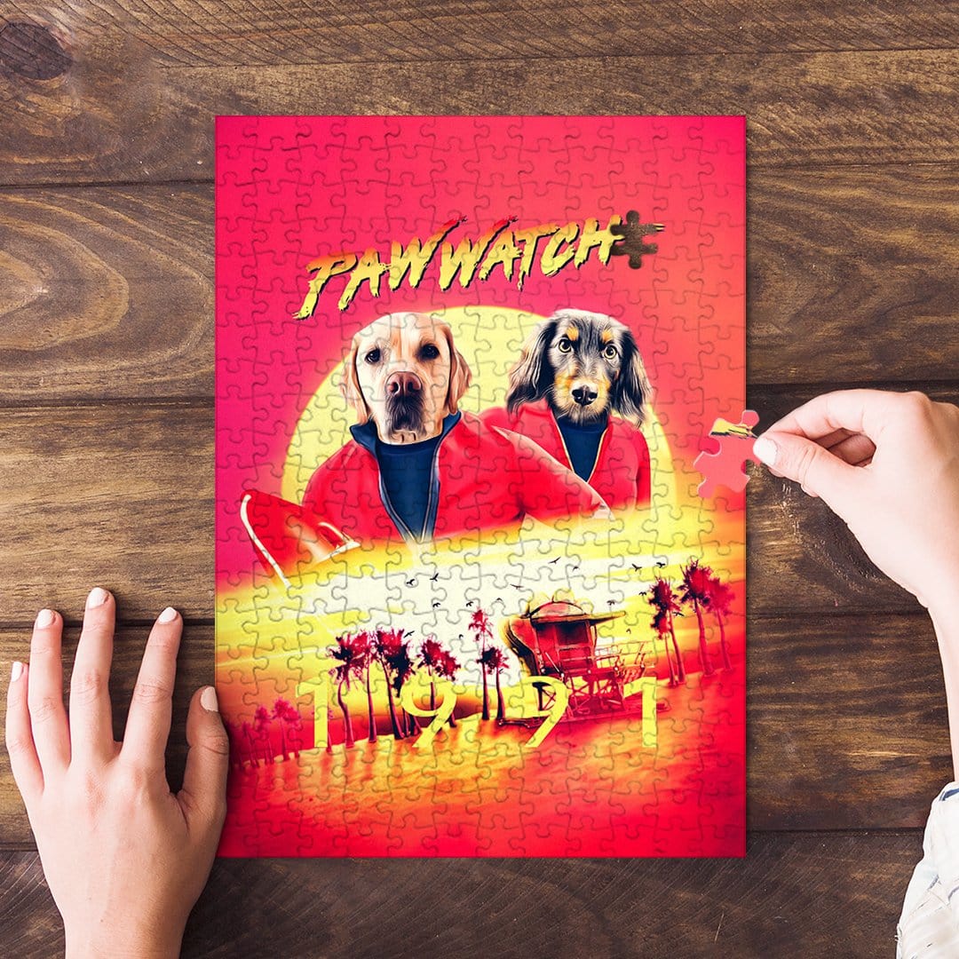 Personalized "Paw Watch 1991" custom puzzle featuring two dogs in a red and yellow sunset beach scene.