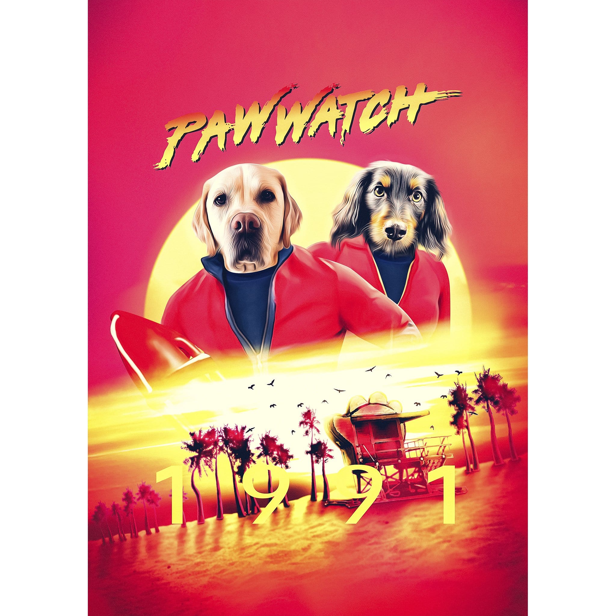 Custom digital portrait of two dogs in red Paw Watch lifeguard outfits against a sunset beach.