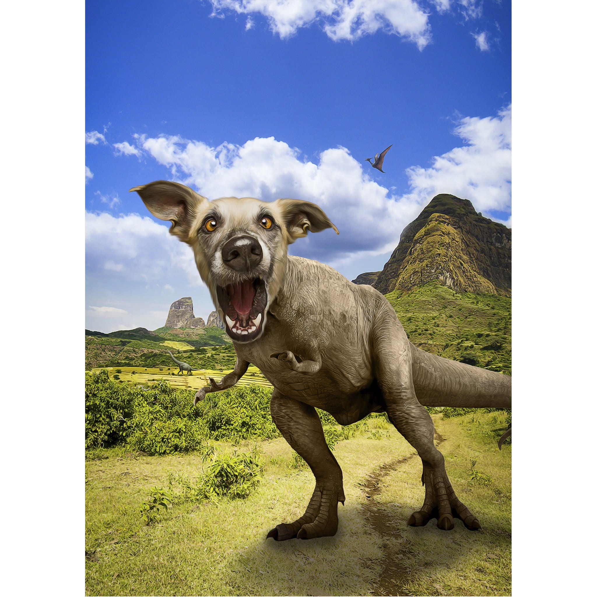 Custom "Pawasaurus Rex" digital portrait featuring a dog's head on a dinosaur body in a prehistoric landscape.
