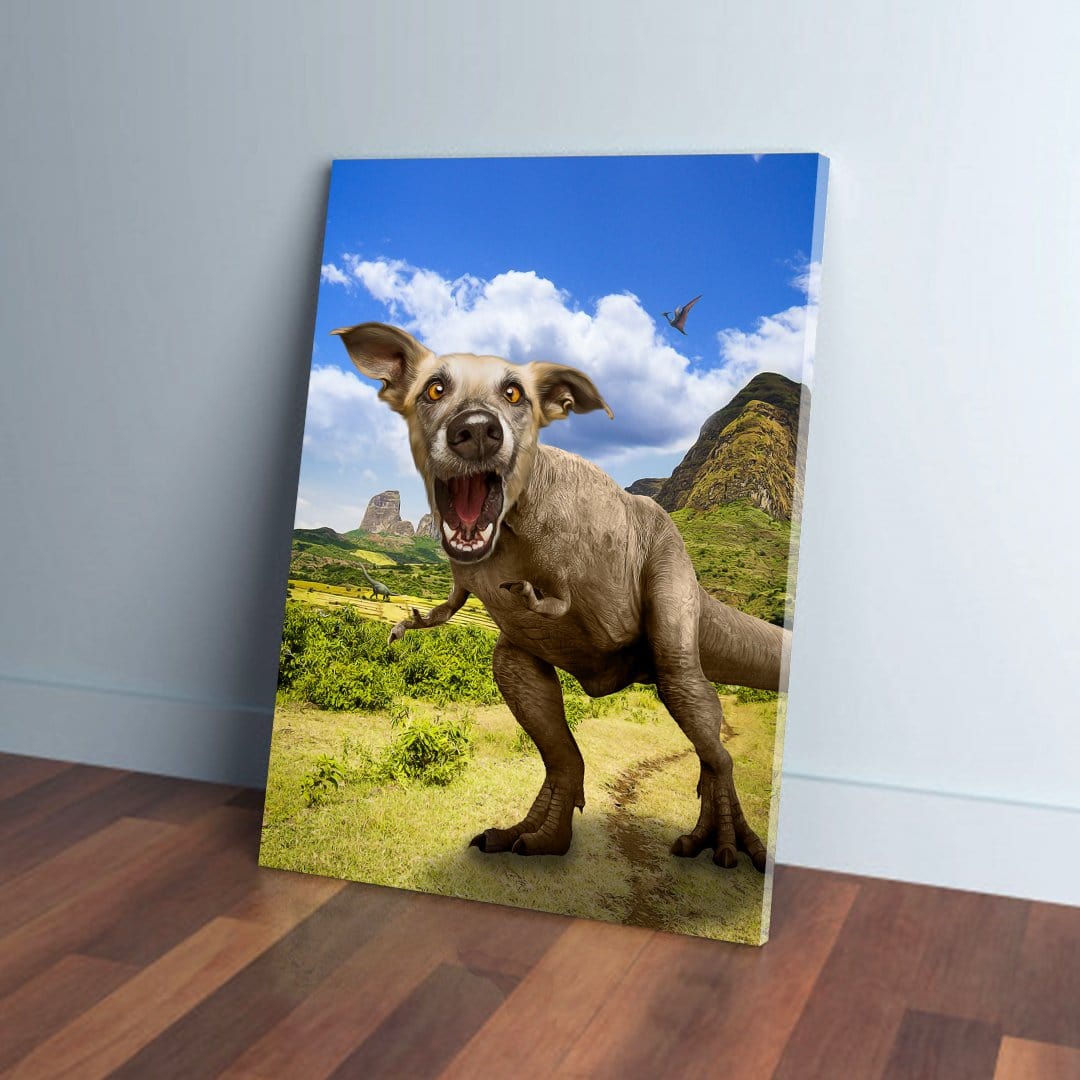 Personalized 'Pawasaurus Rex' pet canvas featuring a dog's head on a T-Rex body in a prehistoric landscape.