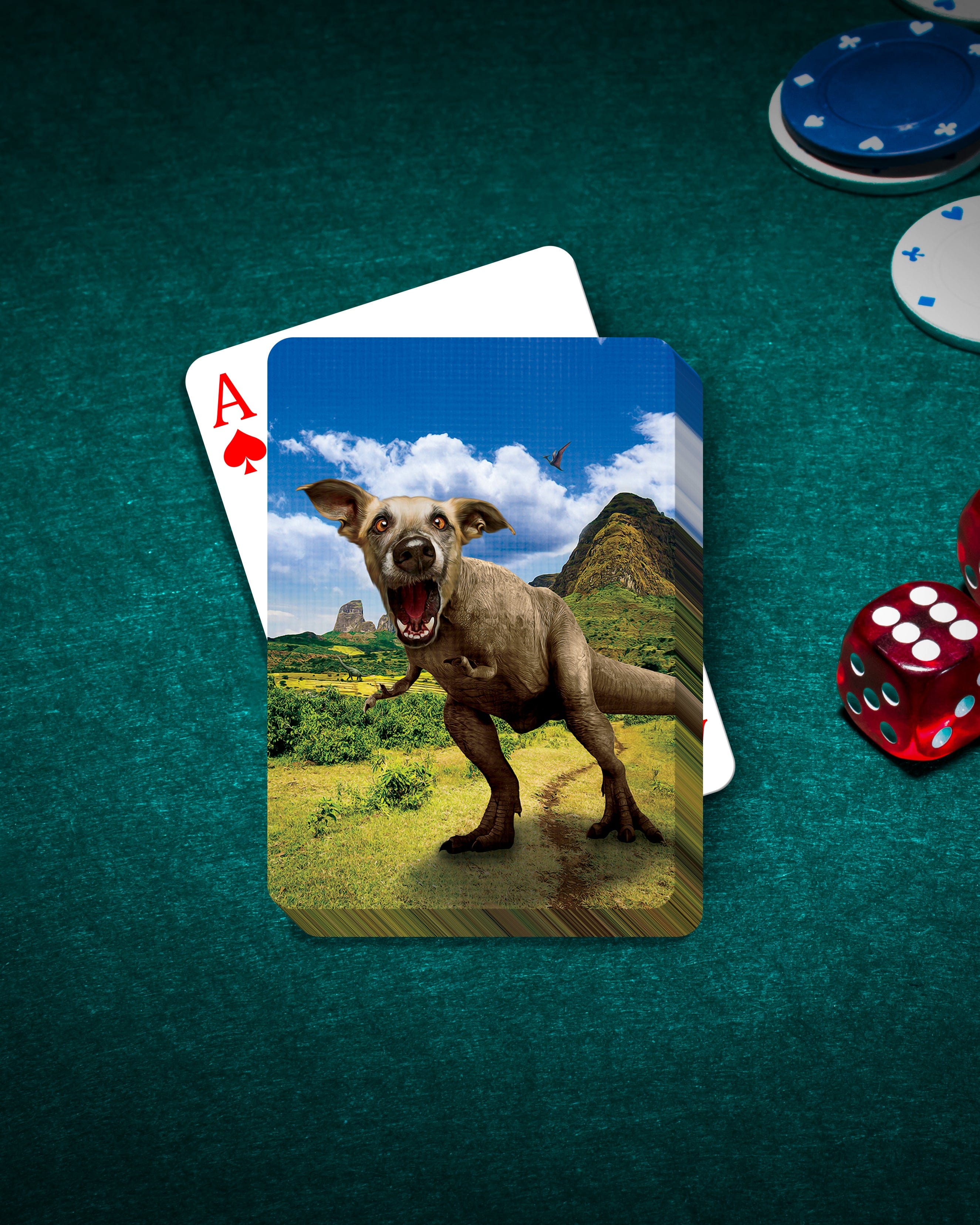Custom 'Pawasaurus Rex' personalized playing card featuring a dog's head on a dinosaur body.