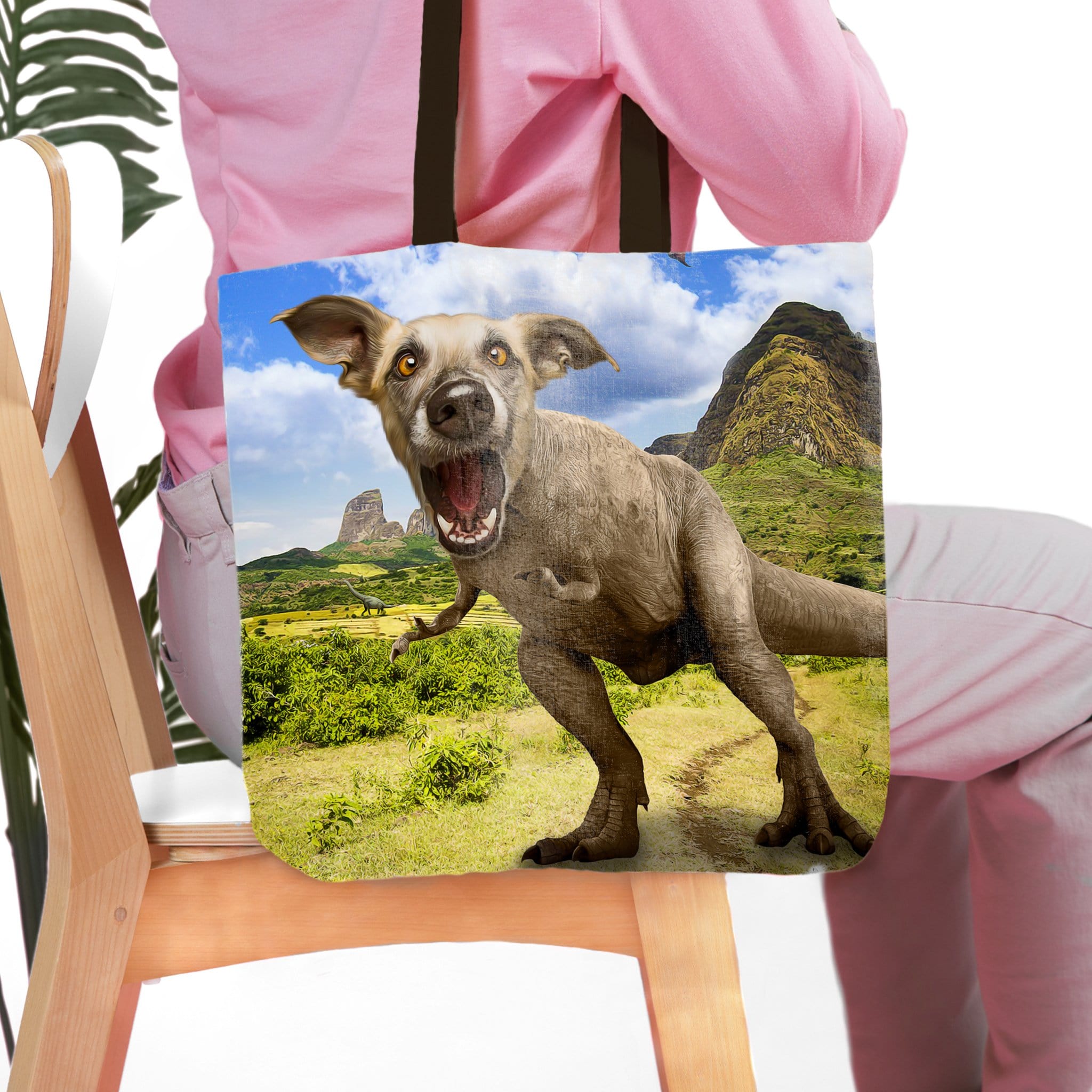 Personalized Pawasaurus Rex tote bag featuring a custom pet dog portrait in a dinosaur body.