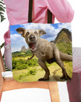 Personalized Pawasaurus Rex tote bag featuring a custom pet dog portrait in a dinosaur body.