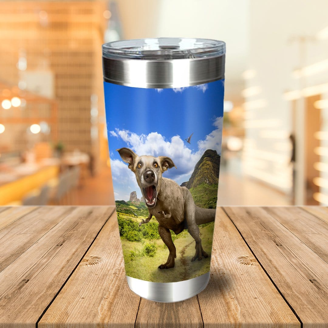 Personalized stainless steel tumbler with a dog's head on a dinosaur body in a prehistoric landscape.