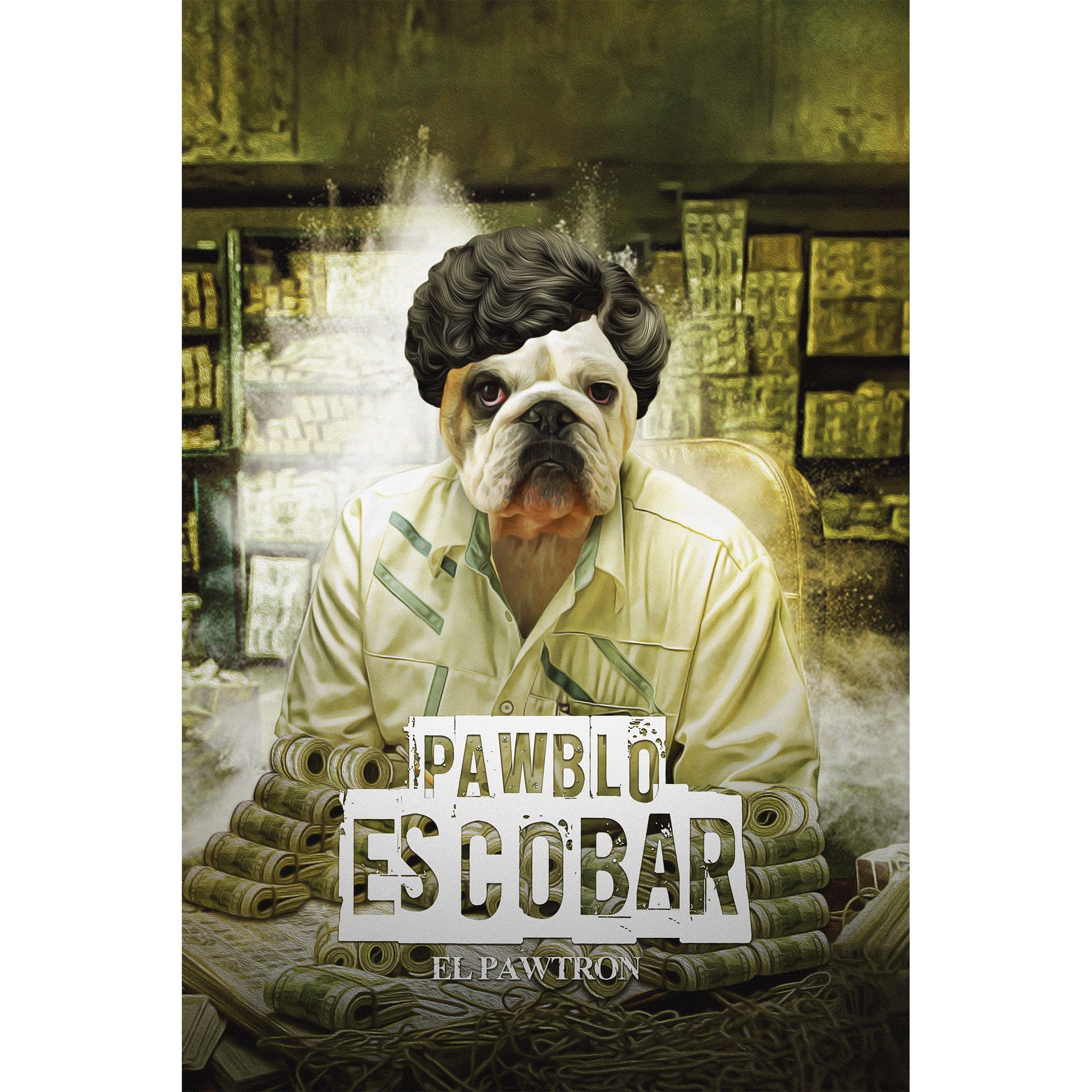 Custom digital portrait of a bulldog as Pawblo Escobar, with a dark wig and light shirt, surrounded by money.