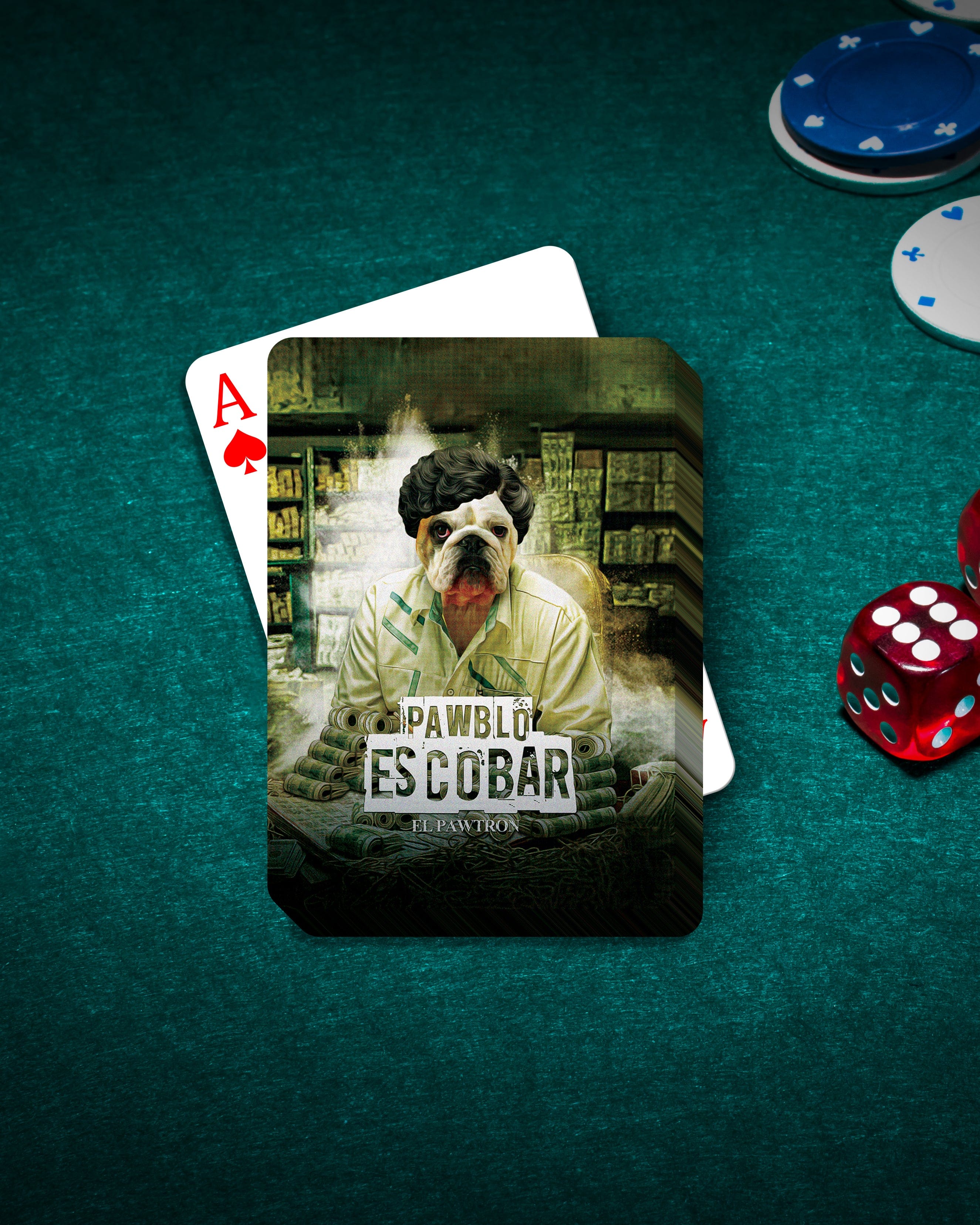 Personalized "Pawblo Escobar" playing cards featuring a bulldog pet portrait on a green poker table.