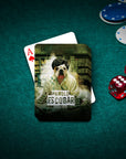 Personalized "Pawblo Escobar" playing cards featuring a bulldog pet portrait on a green poker table.