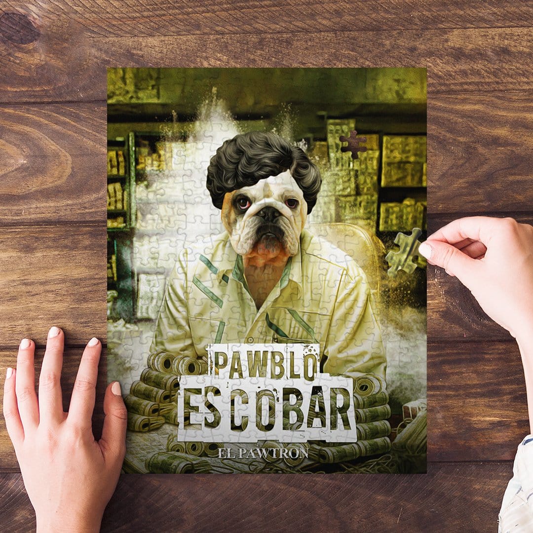 Personalized Pawblo Escobar pet puzzle featuring a bulldog in a white shirt, surrounded by money.