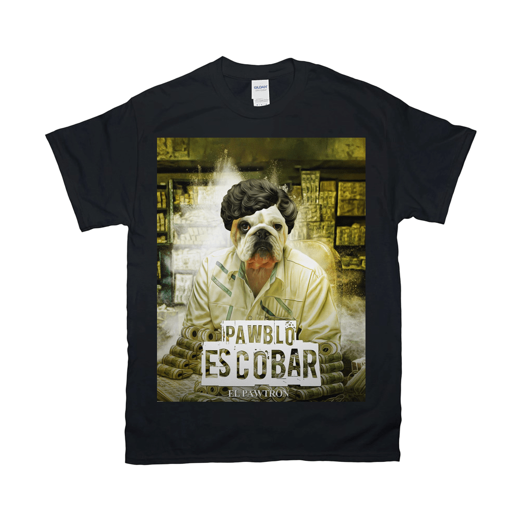 Black Gildan t-shirt with a bulldog in a mugshot, dressed as "Pawblo Escobar.