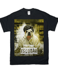 Black Gildan t-shirt with a bulldog in a mugshot, dressed as "Pawblo Escobar.