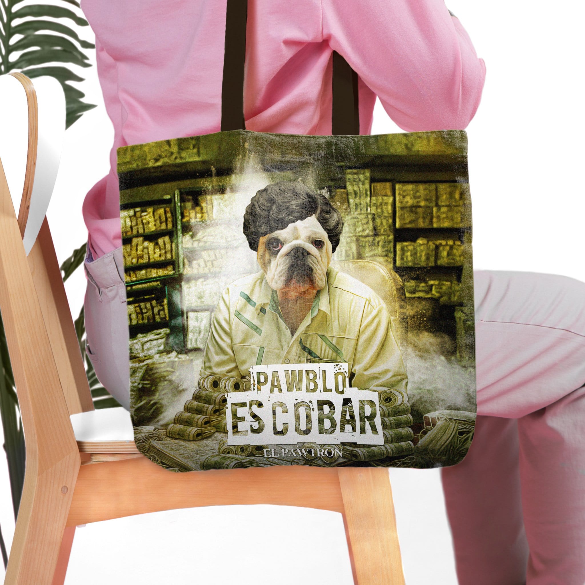 Personalized tote bag with a bulldog pet portrait in a "Pawblo Escobar" renaissance style.