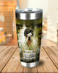 Personalized stainless steel tumbler with a custom bulldog pet portrait in a "Pawblo Escobar" renaissance style.