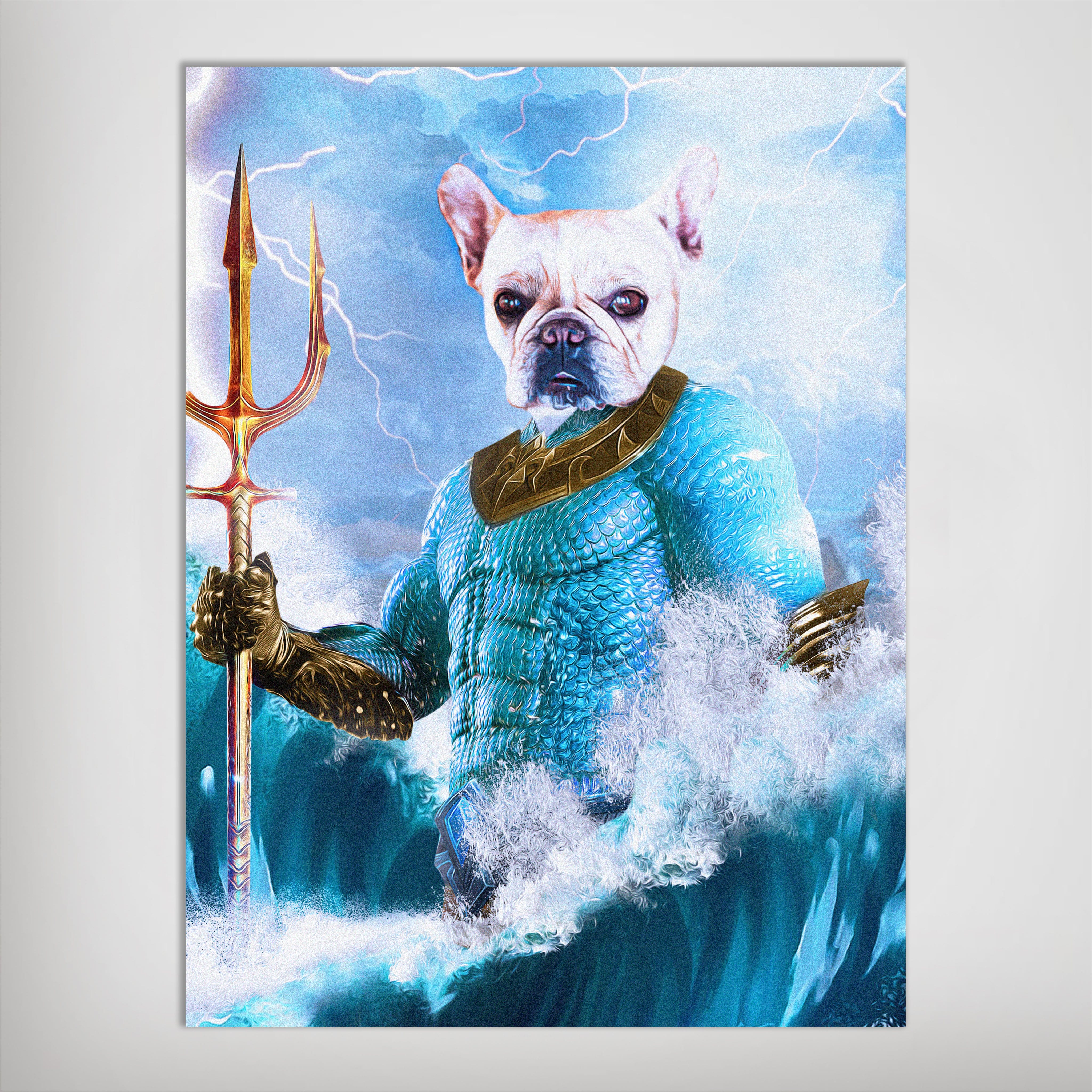 Personalized "Pawseidon" pet poster featuring a French Bulldog as Aquaman, holding a golden trident amidst stormy blue waves and lightning.