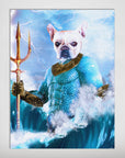 Personalized "Pawseidon" pet poster featuring a French Bulldog as Aquaman, holding a golden trident amidst stormy blue waves and lightning.