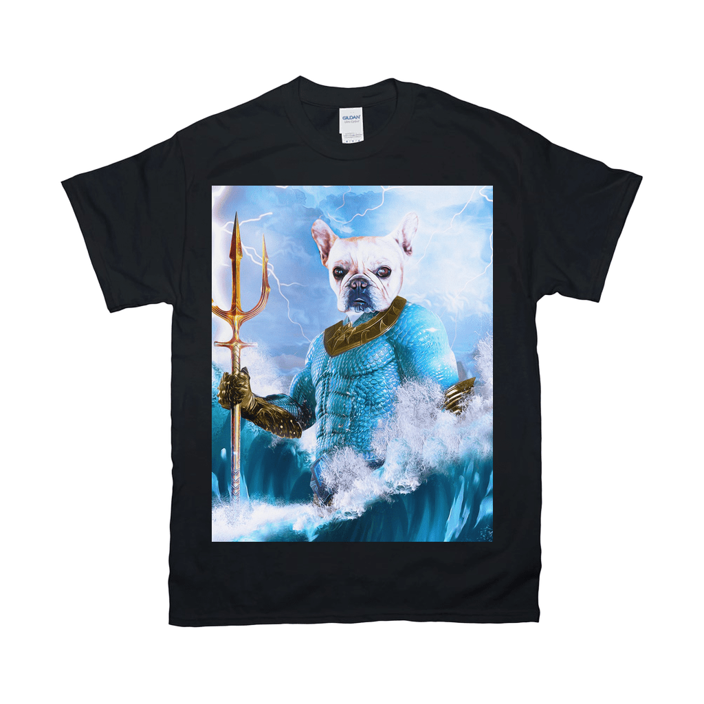 Black Gildan t-shirt featuring a French Bulldog as Pawseidon, holding a trident amidst blue waves and lightning.