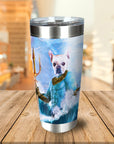 Personalized stainless steel tumbler with a custom French Bulldog Pawseidon portrait, holding a trident amidst waves.