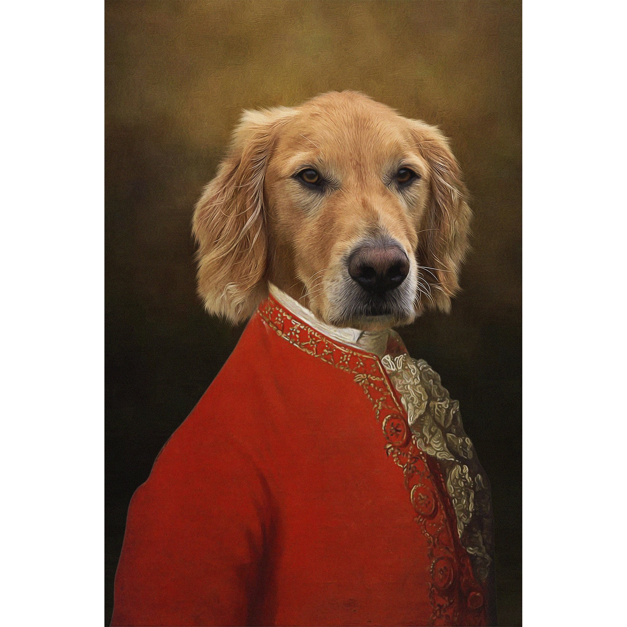 Custom digital portrait of a Golden Retriever dog in a red Renaissance royal costume.