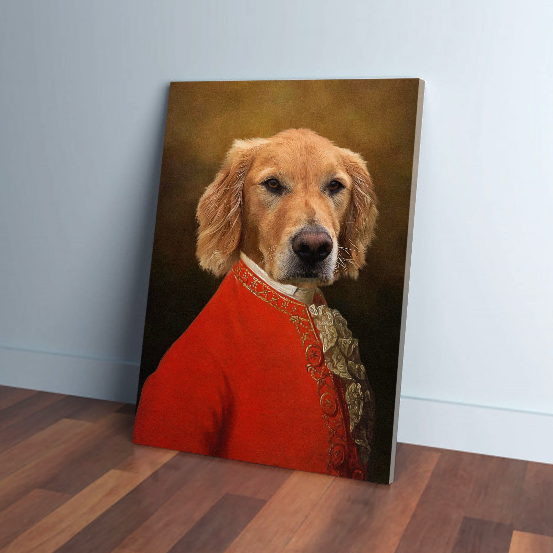 Personalized Golden Retriever pet canvas in a red, gold-embroidered historical costume, leaning against a white wall.