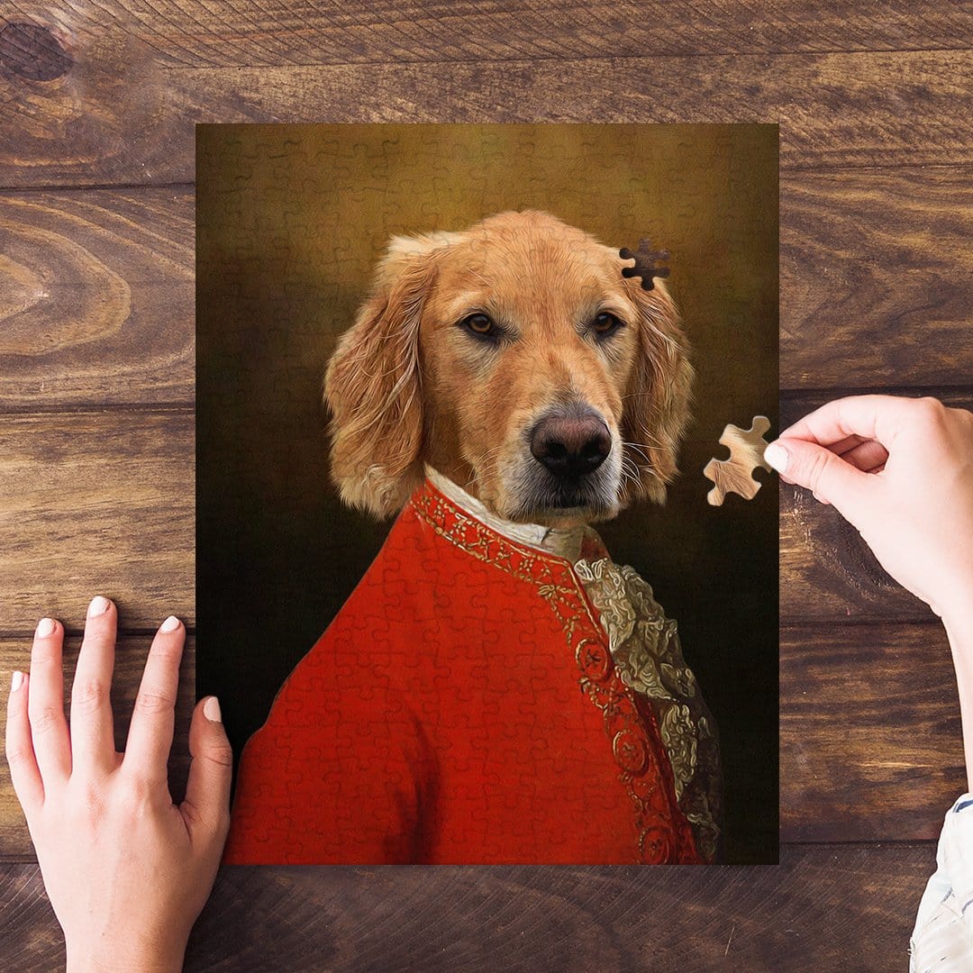 Personalized Golden Retriever pet portrait puzzle in a red renaissance costume, with hands assembling pieces.